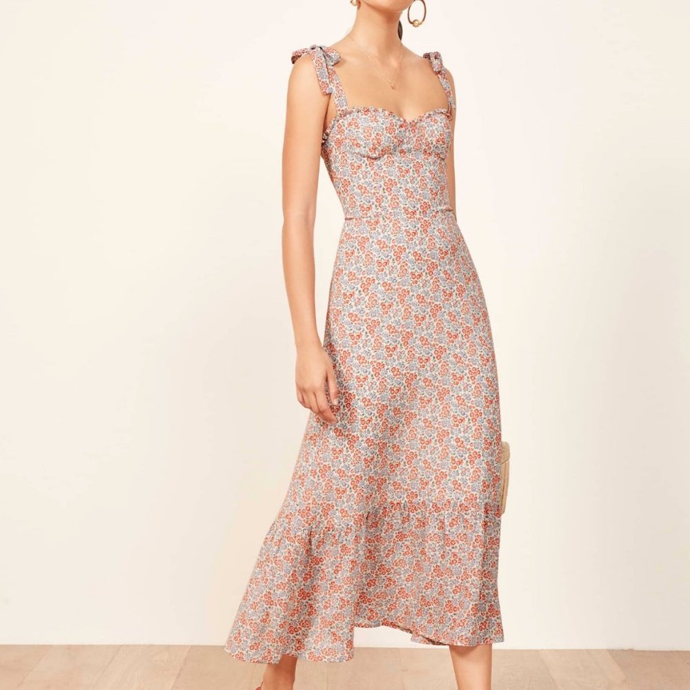 Reformation Floral Midi Dress in Coral & Blue